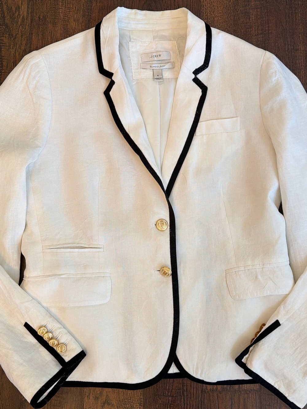J.Crew Schoolboy Linen Blazer Size 6 Ivory Black Trim Gold Buttons